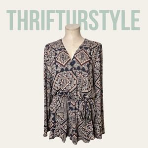 fab'rik Navy Blue Geometric Print Long Sleeve Romper Boho V-Neck Small